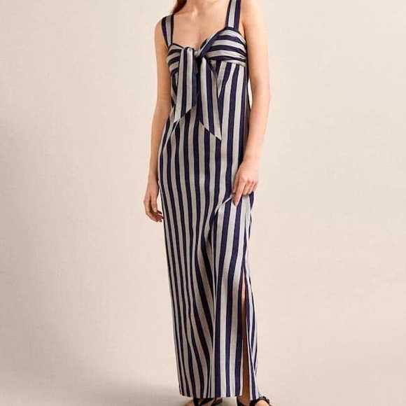 Massimo Dutti Linen-Blend Stripe Maxi Dress Women’s Size 8 Nautical Vacation - Picture 1 of 10